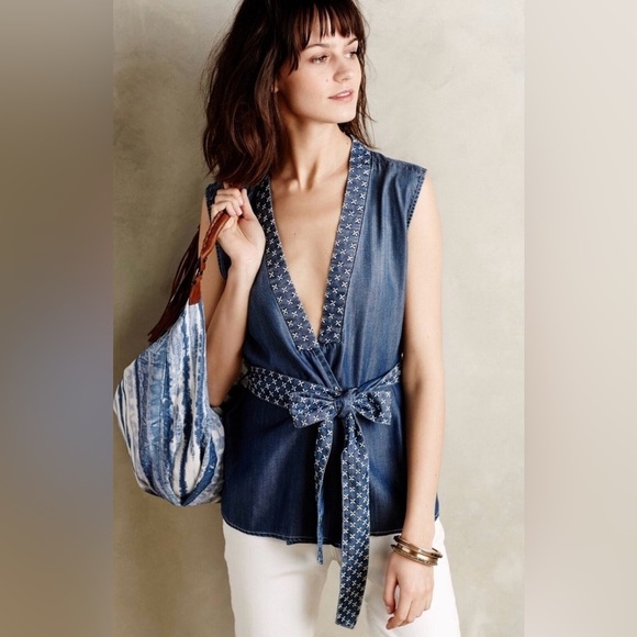 ANTHROPOLOGIE Holding Horses Stitched Chambray Vest Tie Waist Size Small - Picture 1 of 15